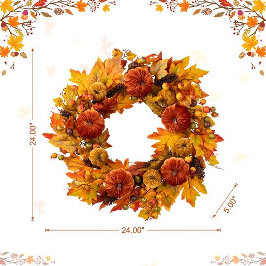 Glitzhome® 24" Fall Velvet Pumpkin, Pinecone & Berry Wreath with Black Metal Wreath Hanger